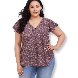 Torrid Semi Sheer Purple Floral Flutter Sleeve Blouse Sz 2X